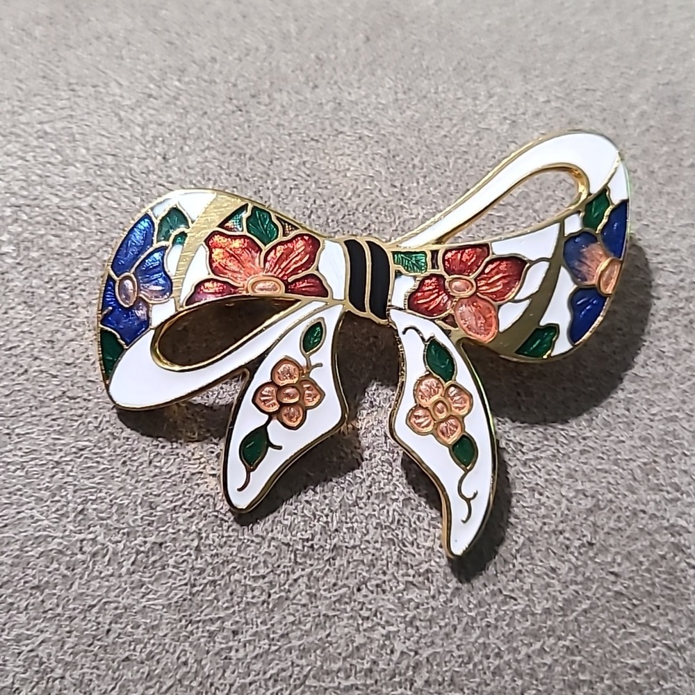Vintage 1980's Gold Tone Cloisonne Bow Brooch Floral Enamel - Picture 5 of 11